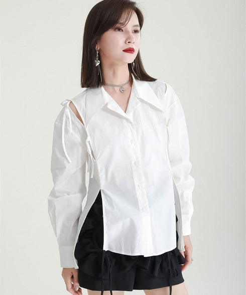 Cut-Out Ribbon Sleeve Shirt